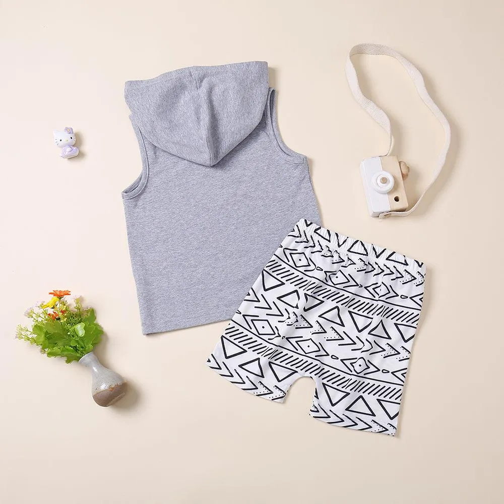 Baby Little Boy Outfits Hooded Tank Top Printed Shorts
