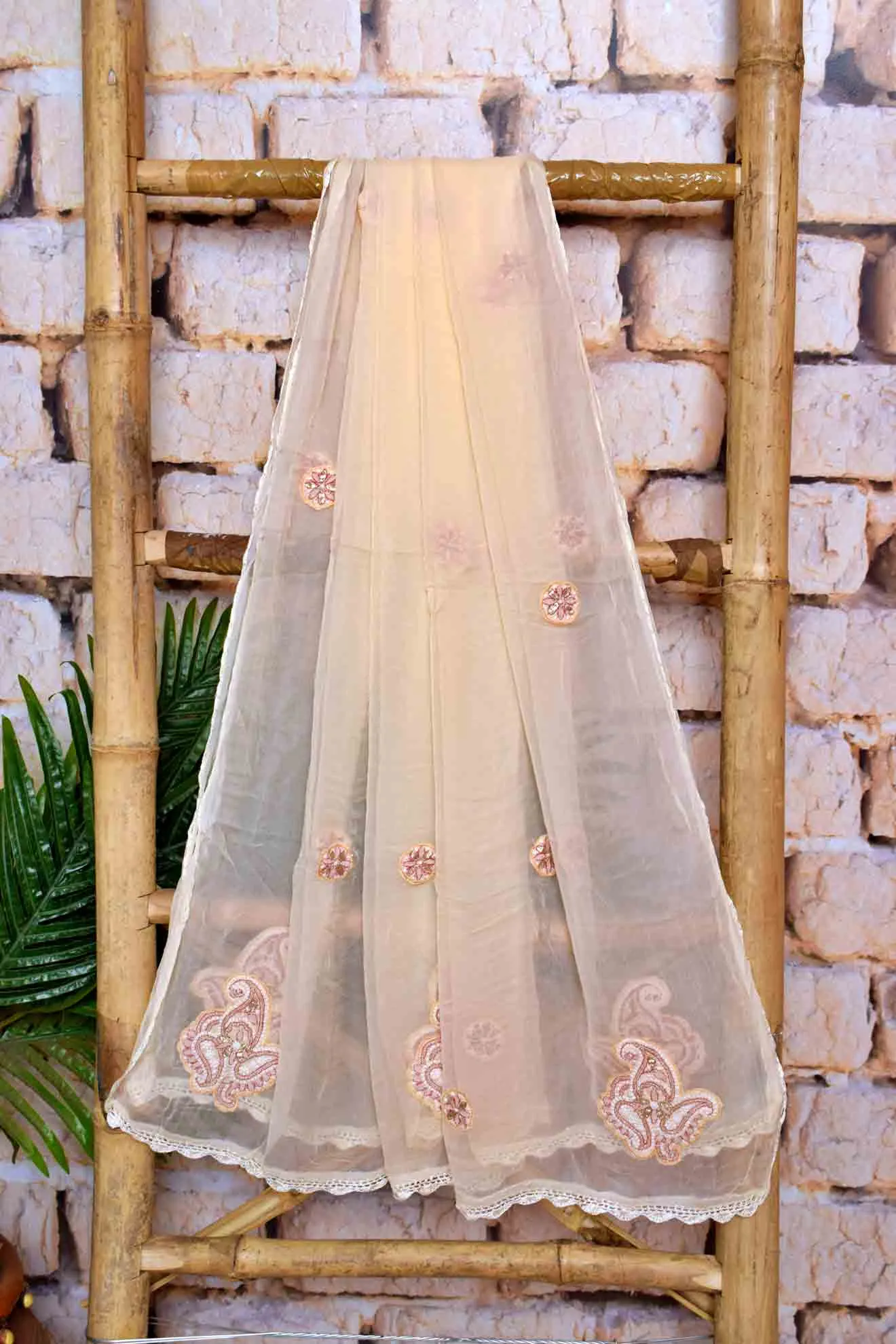 Beige Chikankari Unstitched Suit with Gota Patti