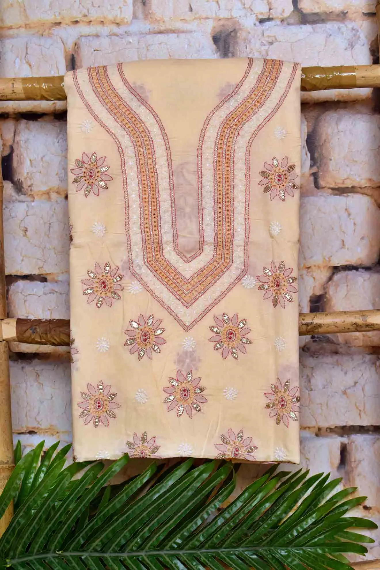 Beige Chikankari Unstitched Suit with Gota Patti