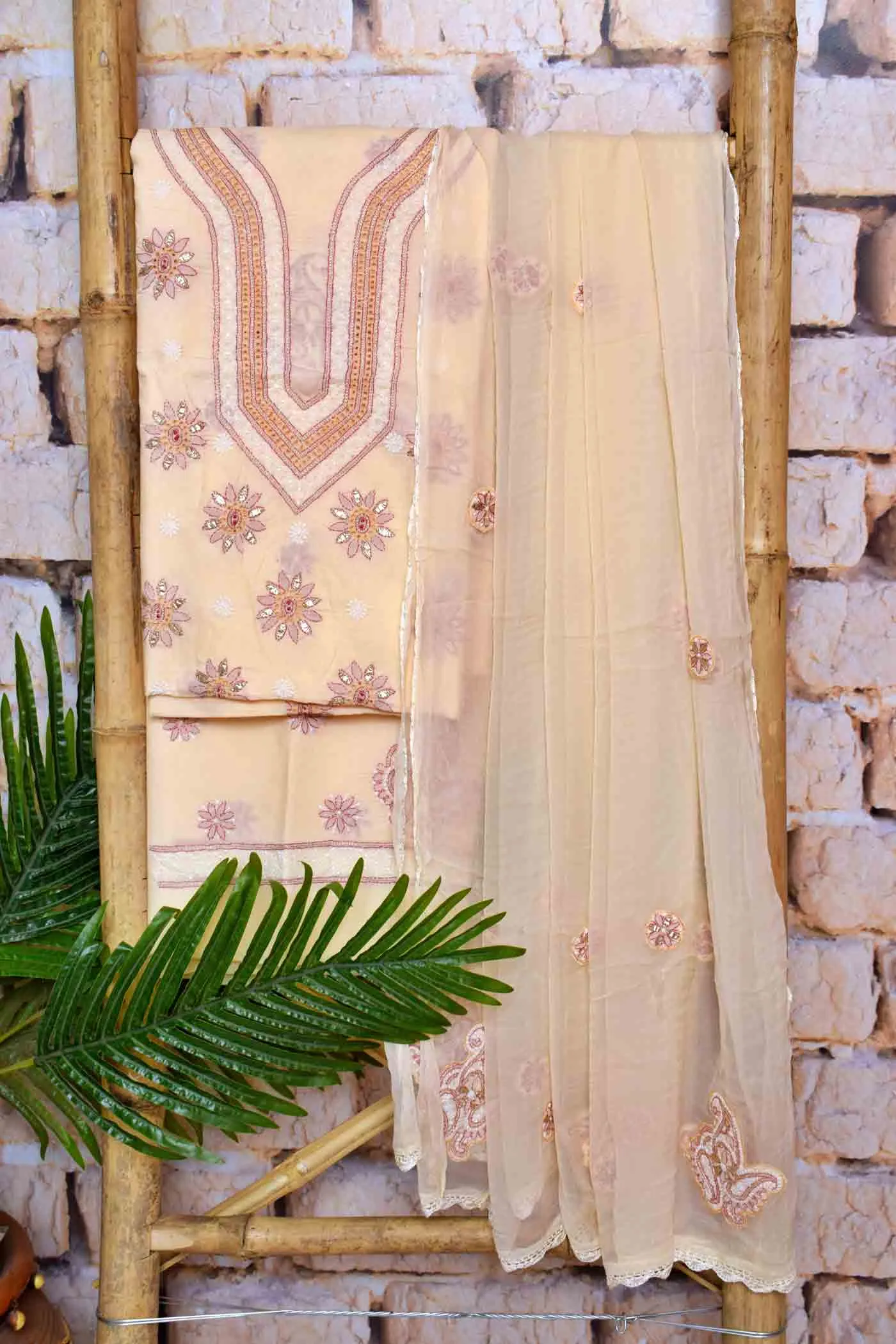 Beige Chikankari Unstitched Suit with Gota Patti