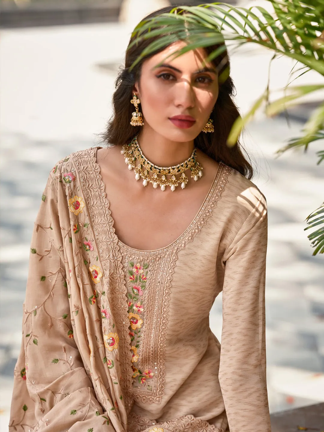 Beige Heavy Designer Function Wear Pant Suit With Embroidery Work