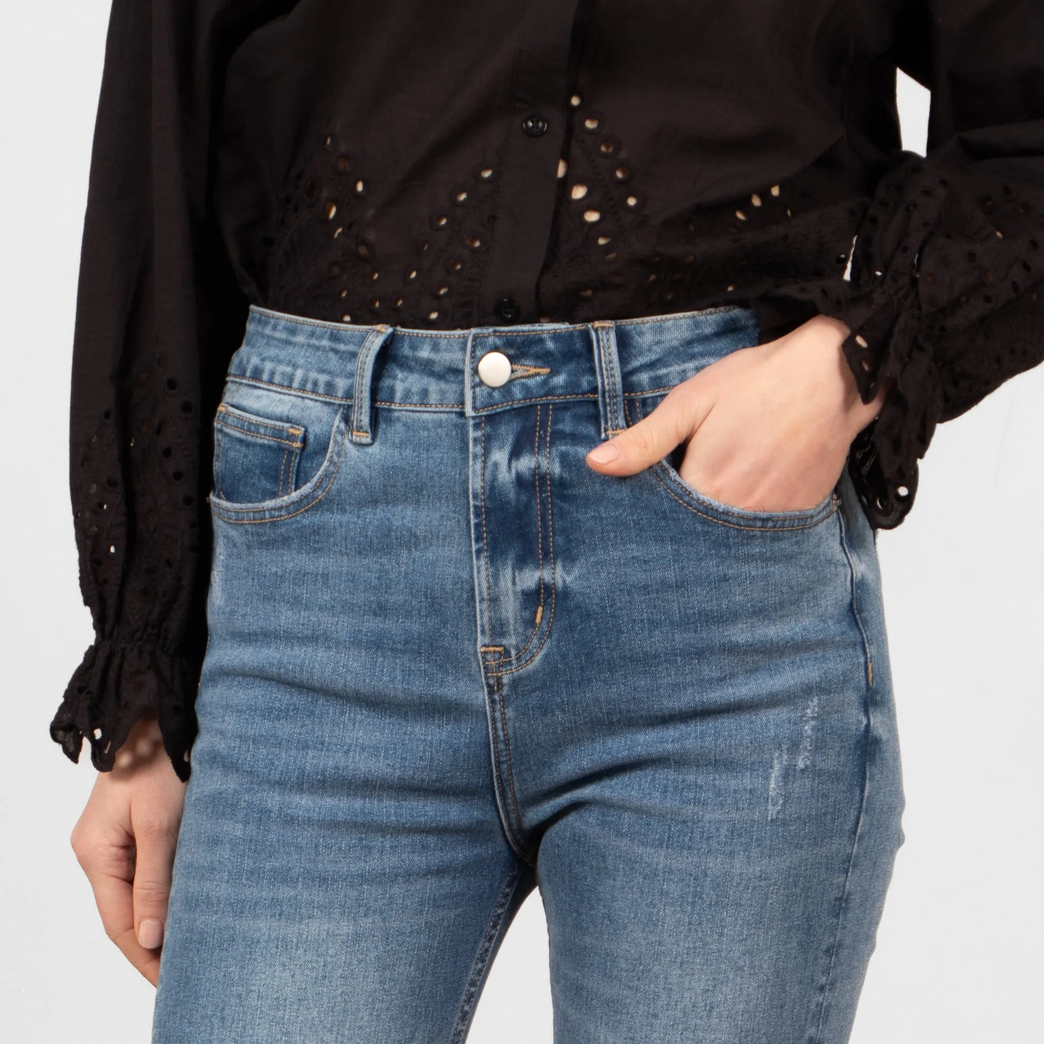Fallon Slim Leg Straight Cut Jeans - Mid Wash Blue, Denim