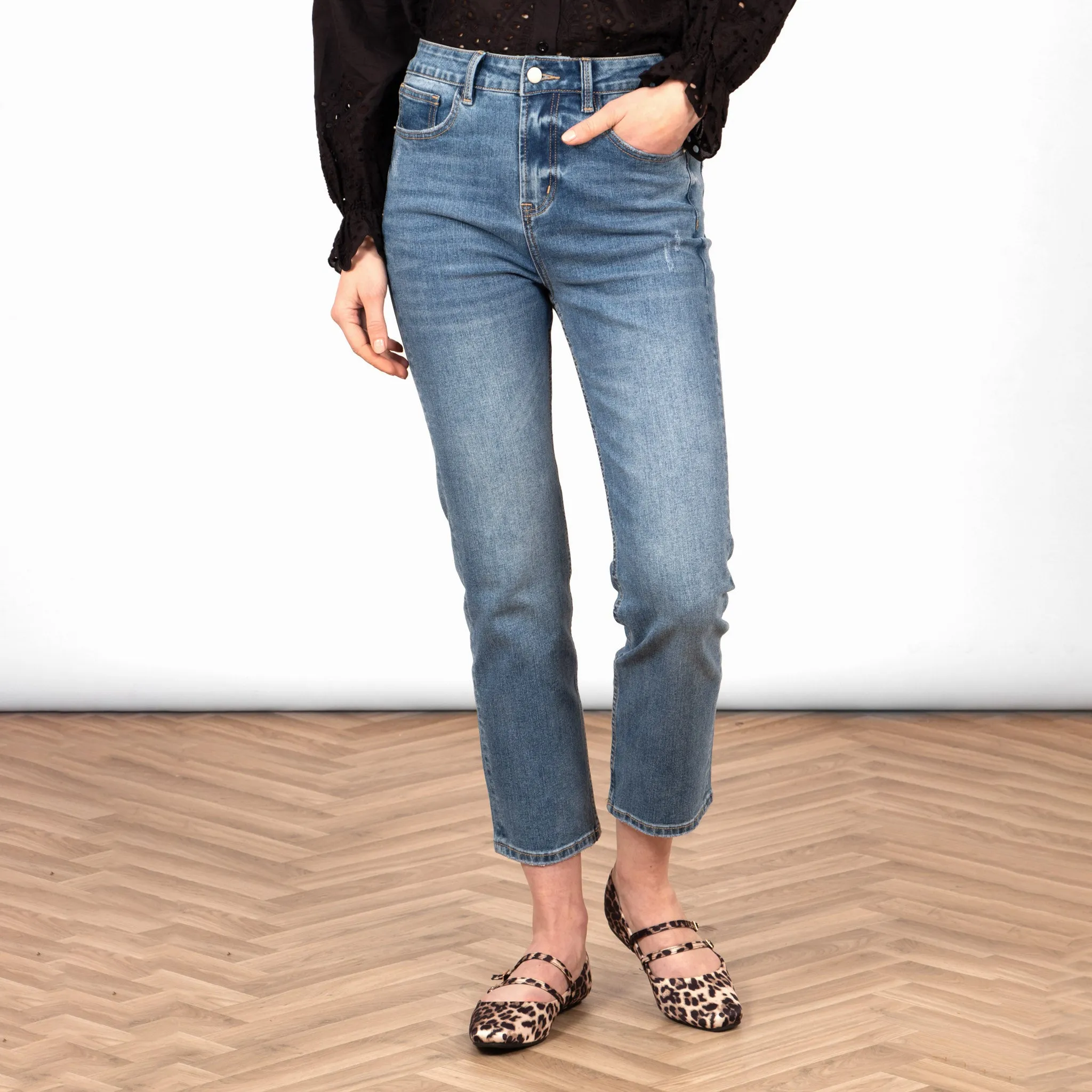 Fallon Slim Leg Straight Cut Jeans - Mid Wash Blue, Denim