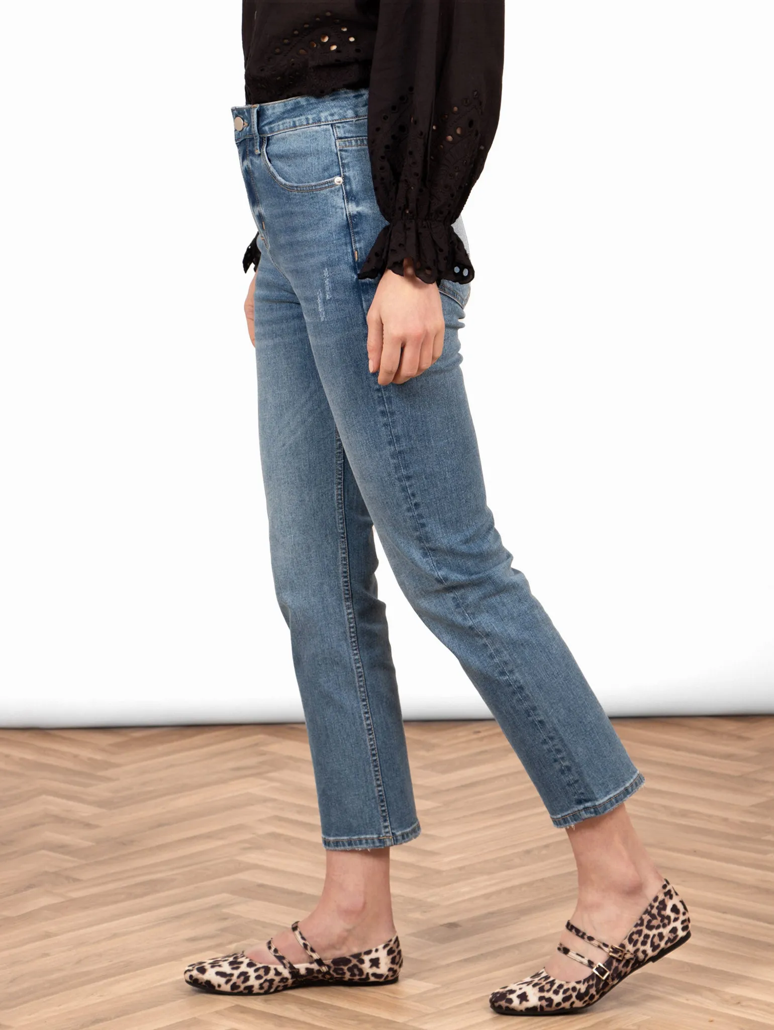 Fallon Slim Leg Straight Cut Jeans - Mid Wash Blue, Denim