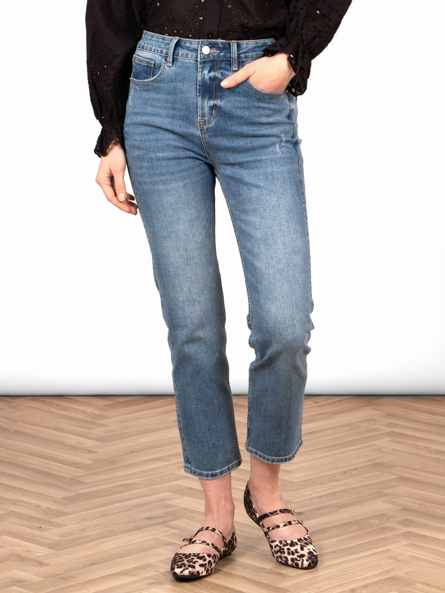 Fallon Slim Leg Straight Cut Jeans - Mid Wash Blue, Denim