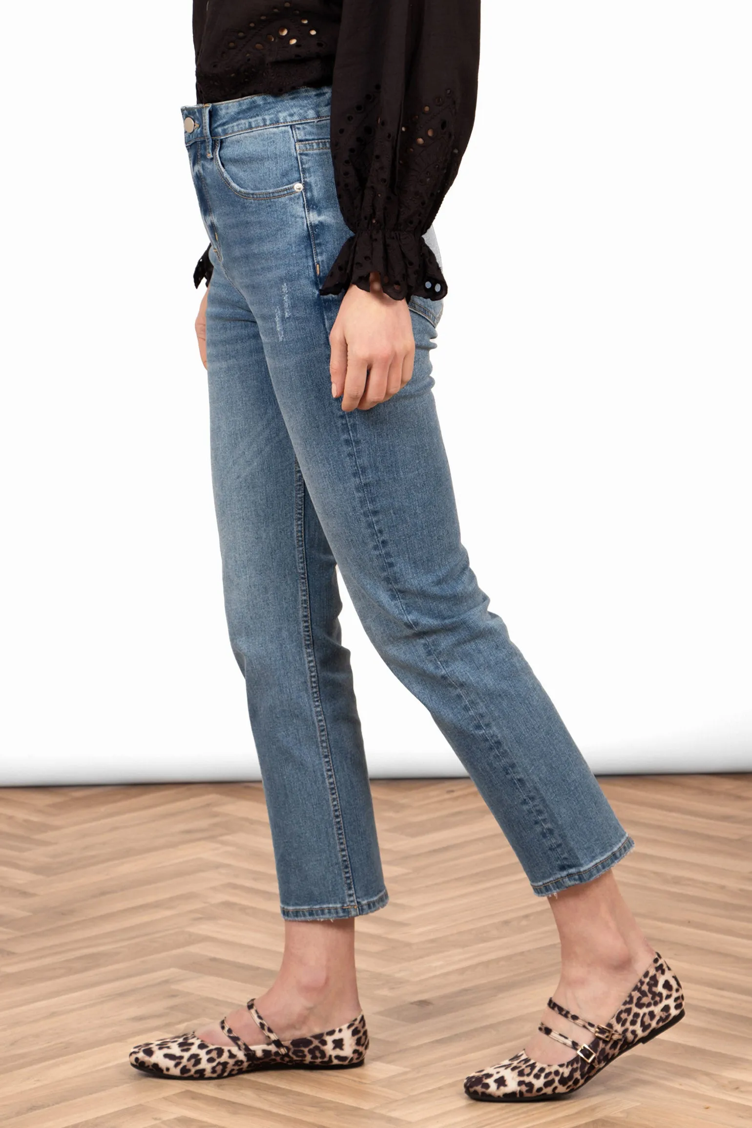 Fallon Slim Leg Straight Cut Jeans - Mid Wash Blue, Denim
