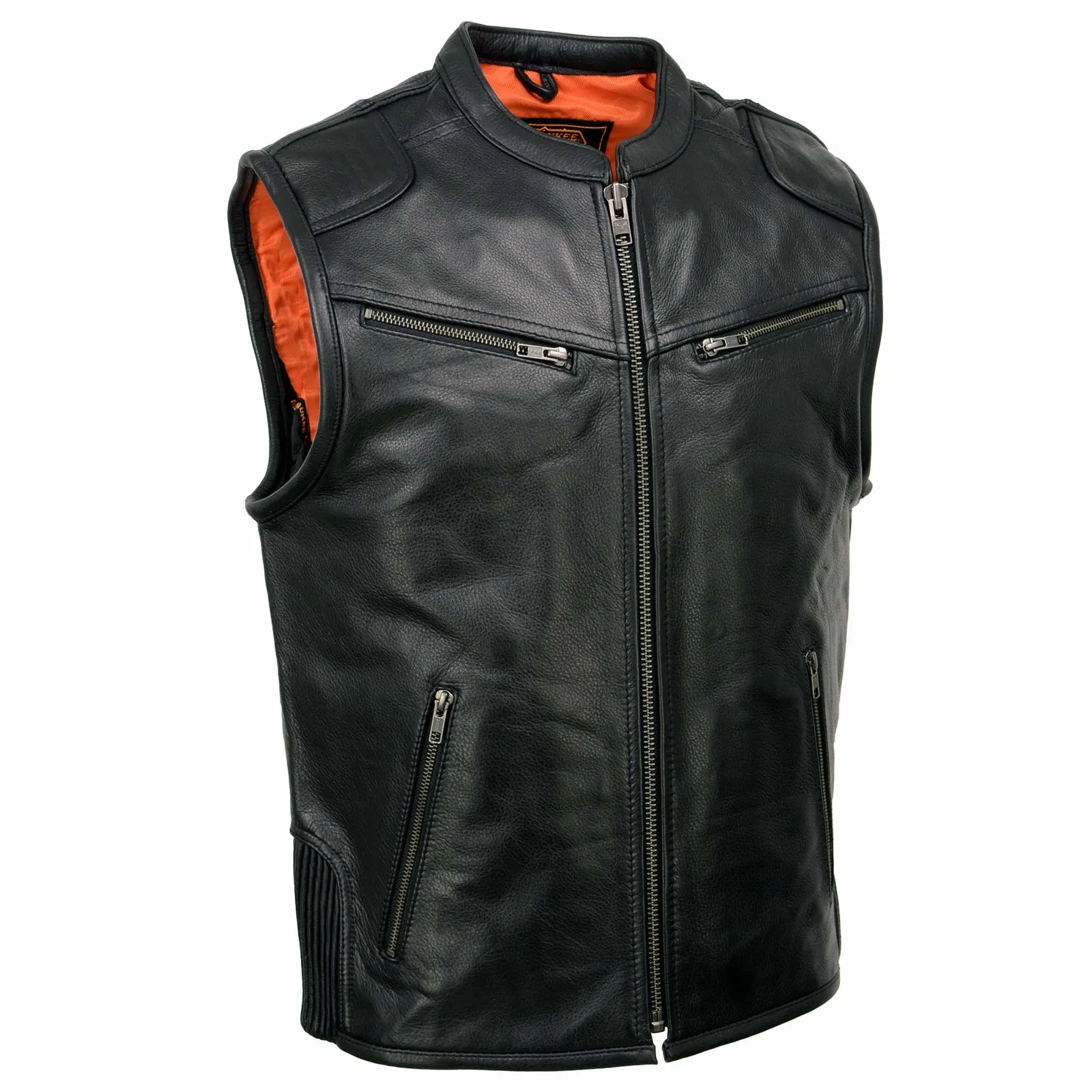 MLM3502 Men's Black Cool-Tec Leather Vest Front Zipper Motorcycle Rider Vest with Stand-Up Collar