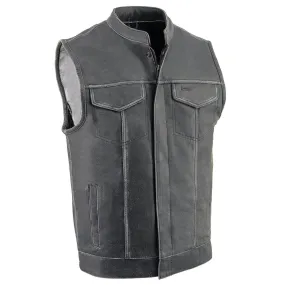 MLM3513 Men's Naked Leather Club Style Vest- Concealed Snaps Zipper Closure Motorcycle Rider Vest