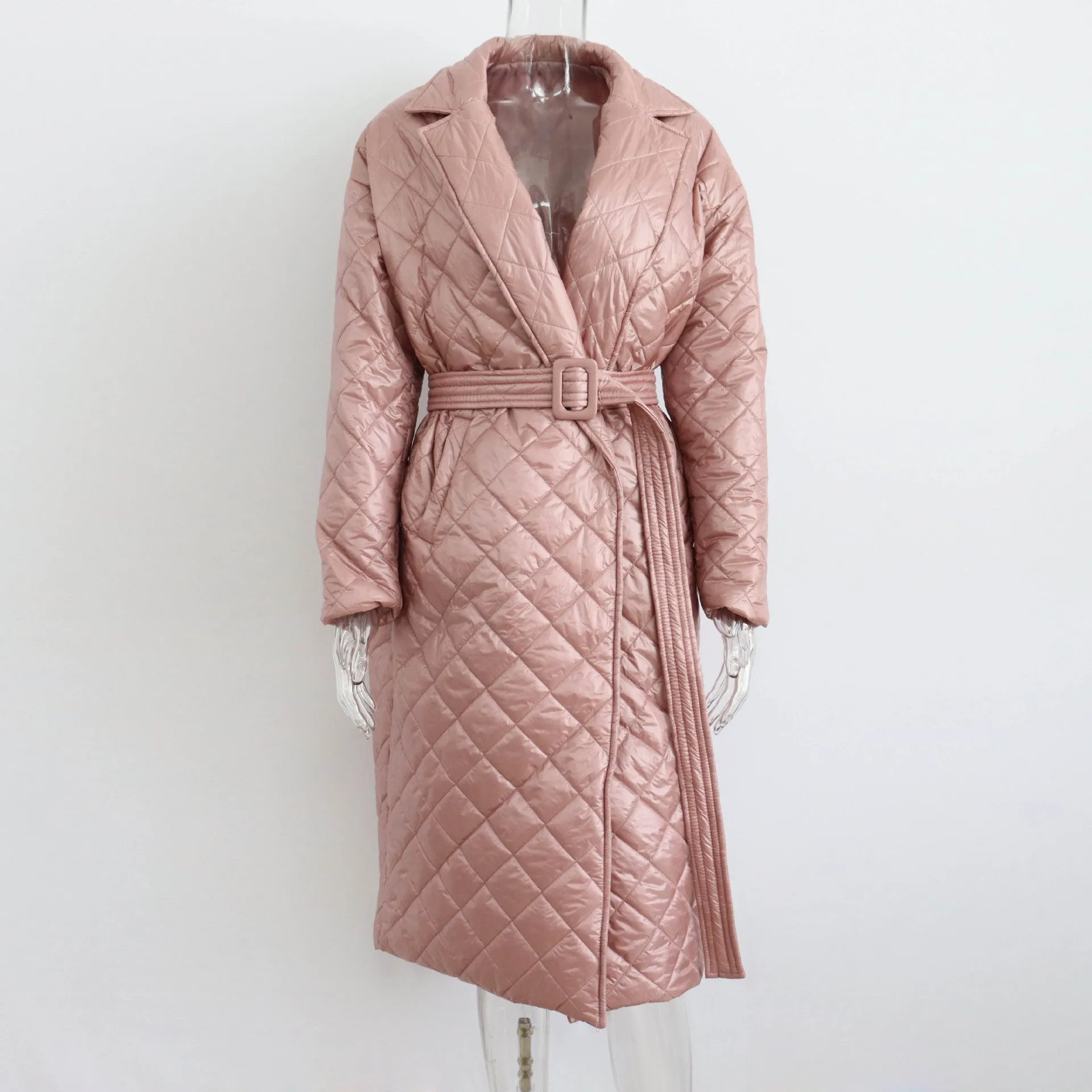 Warm Keeping Cotton Clothing Cotton Padded Coat for Winter Women Rhombus Cotton-Padded Jacket Waist Tight Long Cut Coat Plus Size Coat for Women