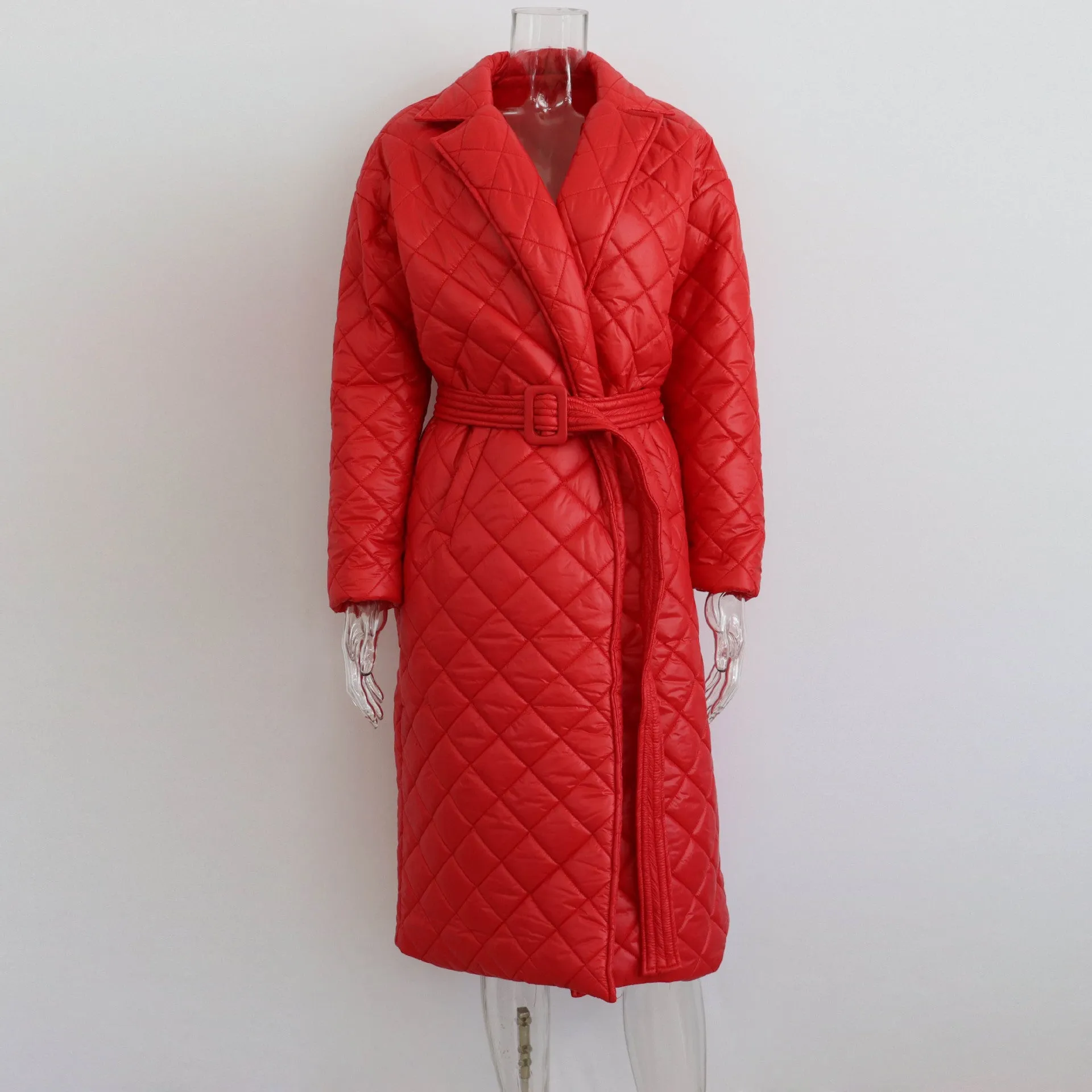 Warm Keeping Cotton Clothing Cotton Padded Coat for Winter Women Rhombus Cotton-Padded Jacket Waist Tight Long Cut Coat Plus Size Coat for Women