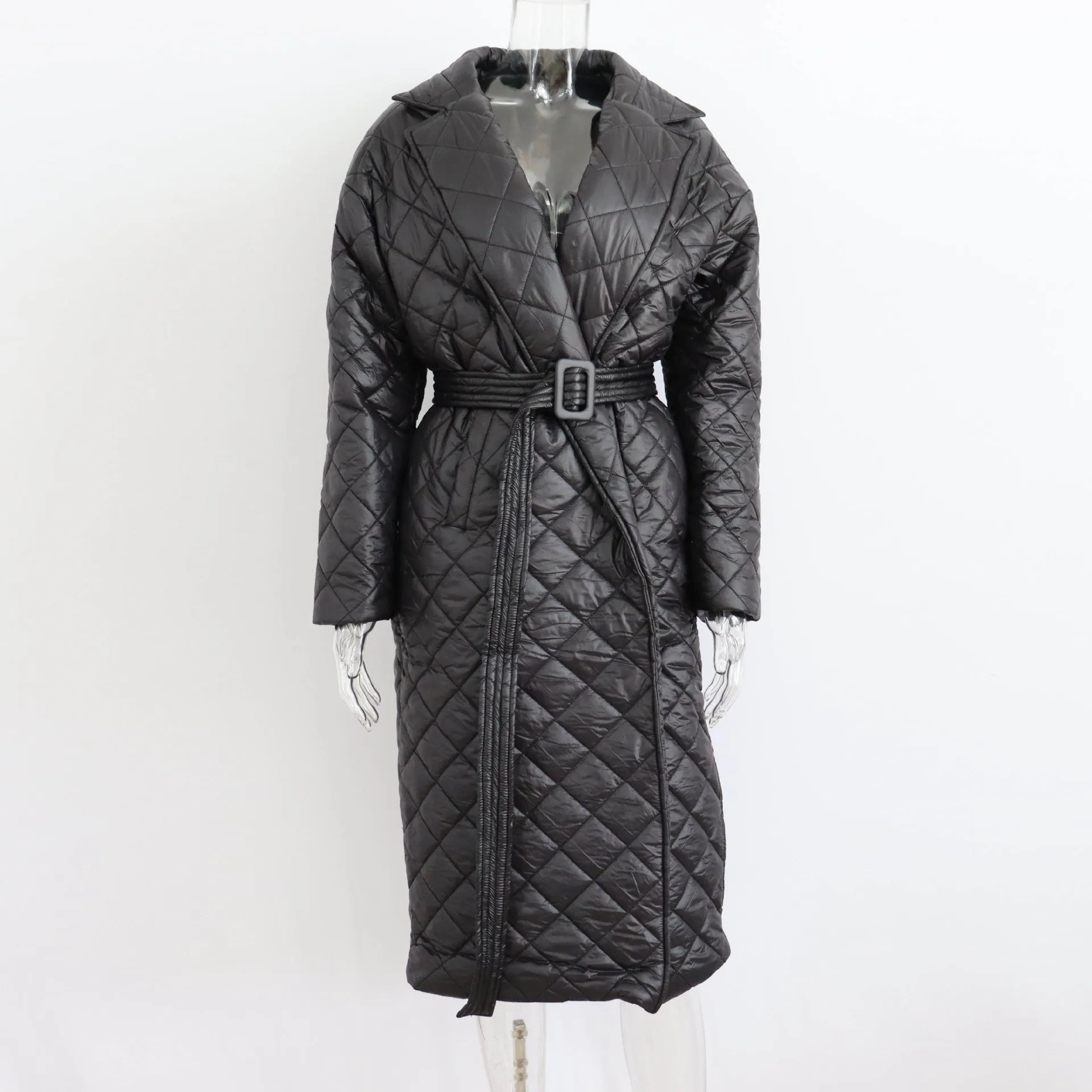 Warm Keeping Cotton Clothing Cotton Padded Coat for Winter Women Rhombus Cotton-Padded Jacket Waist Tight Long Cut Coat Plus Size Coat for Women