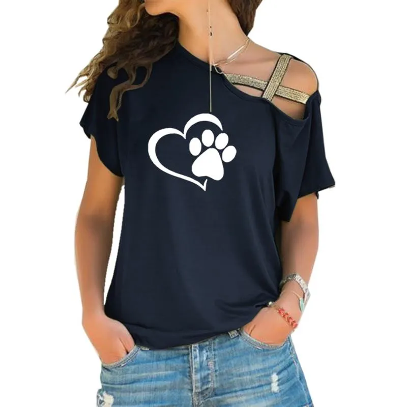 Women Fashion Dog Cat Paw Heart T shirt Tops Cross-shoulder Irregular Short-sleeved Travis Designs