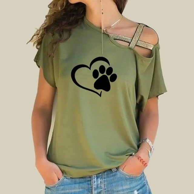 Women Fashion Dog Cat Paw Heart T shirt Tops Cross-shoulder Irregular Short-sleeved Travis Designs