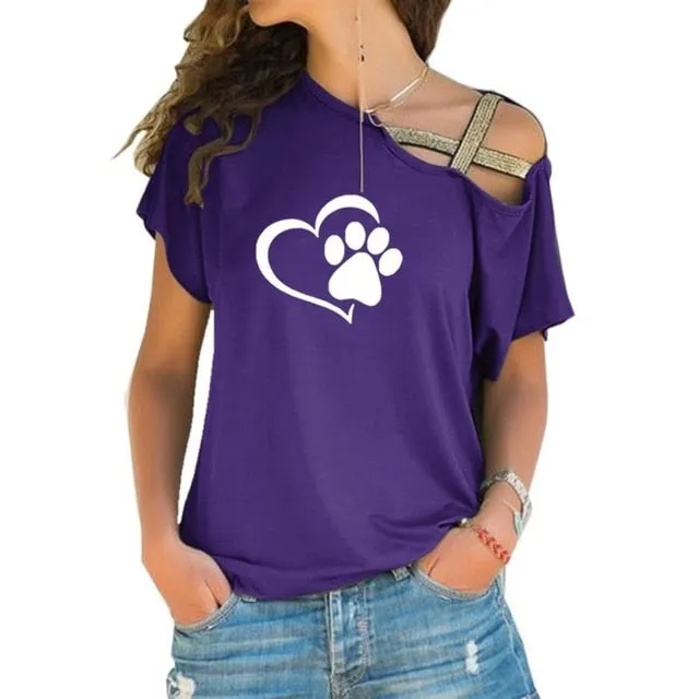 Women Fashion Dog Cat Paw Heart T shirt Tops Cross-shoulder Irregular Short-sleeved Travis Designs