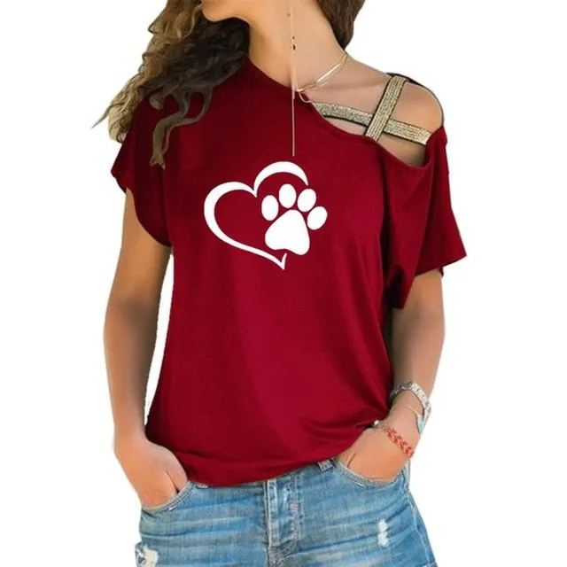 Women Fashion Dog Cat Paw Heart T shirt Tops Cross-shoulder Irregular Short-sleeved Travis Designs