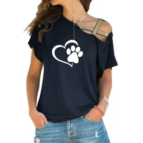Women Fashion Dog Cat Paw Heart T shirt Tops Cross-shoulder Irregular Short-sleeved Travis Designs